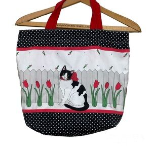 Vintage Stevens Linen Cat with Tulips canvas tote bag.